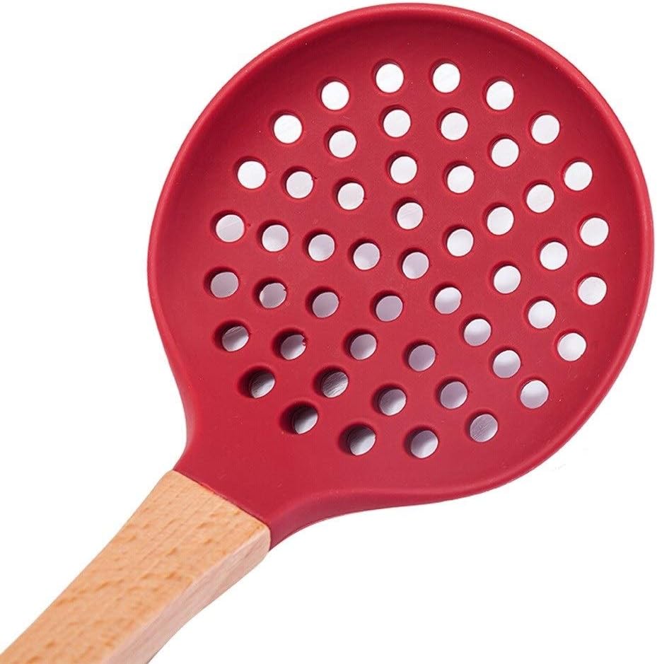 Kitchen Tool Silicone Slotted Skimmer Spatula Non-Stick Cooking Spoon Ladle Professional Colander Strainer with Long Handle for Kitchen (Red) Fine mesh Strainer