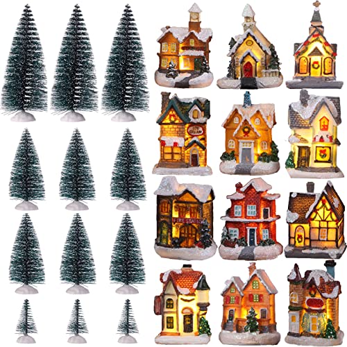 Kajaia 12 Pieces Christmas Winter Houses Village with 12 Pieces Trees Lamp LED Lights Christmas Winter Village Town Buildings Accessories for Thanksgiving Halloween Village Figurine Desktop Decor