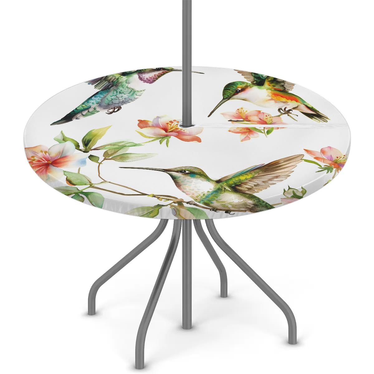 Tablerazzi Hummingbird Round Outdoor Tablecloth with Umbrella Hole and Zipper Flower Bird Colourful Fitted Tablecloth Wipeable Table Cloth for Picnic Garden, 36''-44''