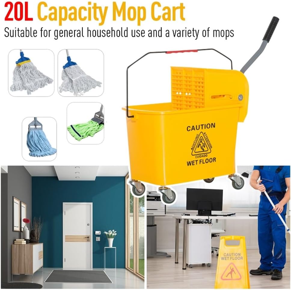 Commercial Mop Buckets 5 Gallons Household Mop Buckets with Side Press Wringer Smooth Wheels and Mop-Handle Holder for Professional Industrial Business
