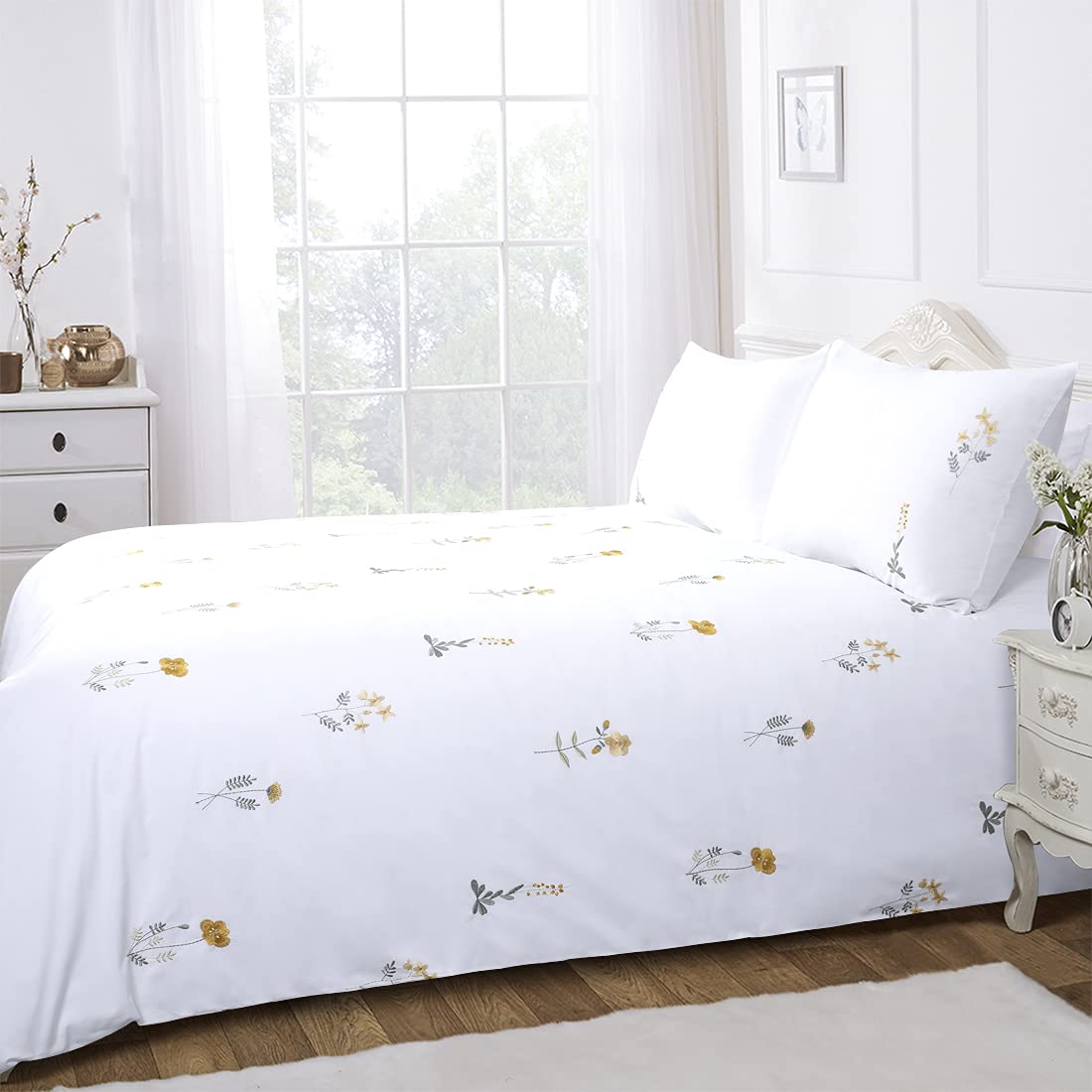 Chlophy Single Duvet Cover Set Yellow Floral White Embroidered Flower for Girls Bedding Set Botanical Wildflower Kids Teens Bedding Set French Country Spring Blossom 2 Pieces Polycotton - Image 2