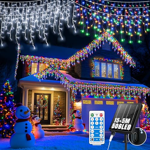 GCMacau Solar Christmas Icicle Lights Outdoor 15+5m 65.6ft 506 Led Solar Icicle Fairy Lights 8 Lighting Modes with Dimmable Solar String Lights Outdoor for Yard, Patio, Gazebo and Wedding Decor