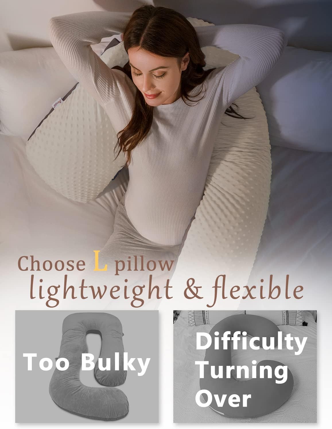 AngQi Body Pregnancy Pillow,L-Shaped Pregnancy Pillow for Side Sleepers,Maternity Body Pillow with Minky Dot & Velvet Cover Dot White & Brown