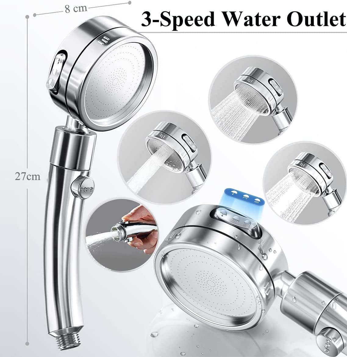 Bellearlly - Soffione doccia a pioggia ad alta pressione, in acciaio inox, con 3 impostazioni on/off, con supporto doccia e tubo flessibile da 218 cm, cromato