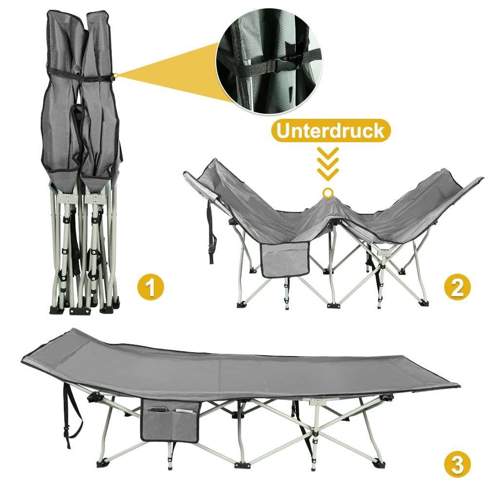 OHMG Lit de Camping Pliable 1 Personne,lit de Camp pour Adultes,Cadre en Acier léger Sac de Transport Inclus Charge,Max. 150 kg,lit d appoint,Matelas randonnée Ultra léger