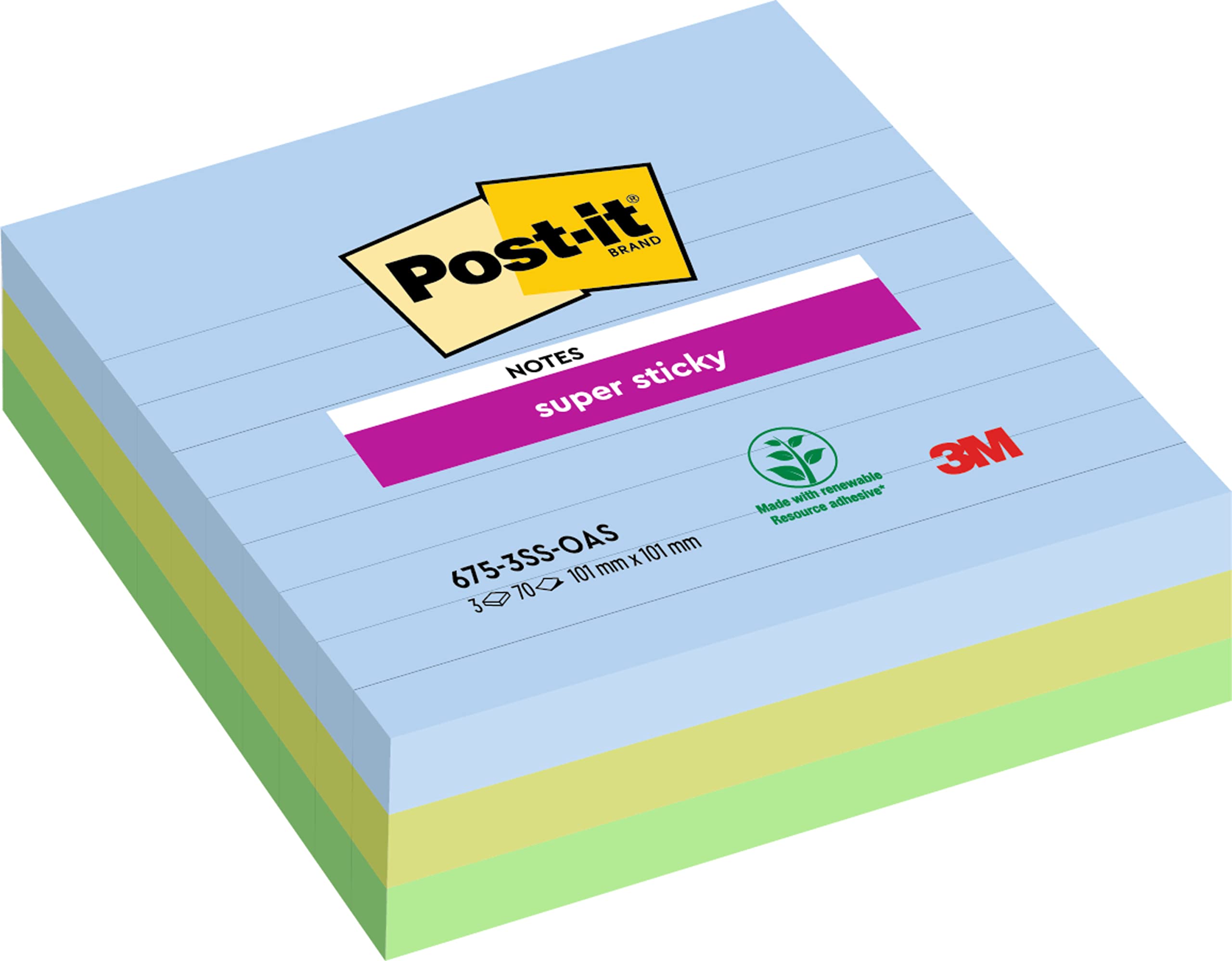 Post-​it Notes Autocollantes Super Sticky, Grand Format XL, Lignées, Pack de 3 Blocs, 101 mm x 101 mm, 70 Feuilles par Bloc - Feuillets Super Adhésifs pour Prise de Notes, Listes de Tâches et Rappels