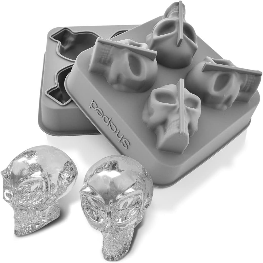 Shaped 3D Alien Skull Flexible Silicone Ice Cube Mold Tray,Makes Four Giant Alien Skulls,Round Ice Cube Maker,- Pack Of 1 Standard Grey