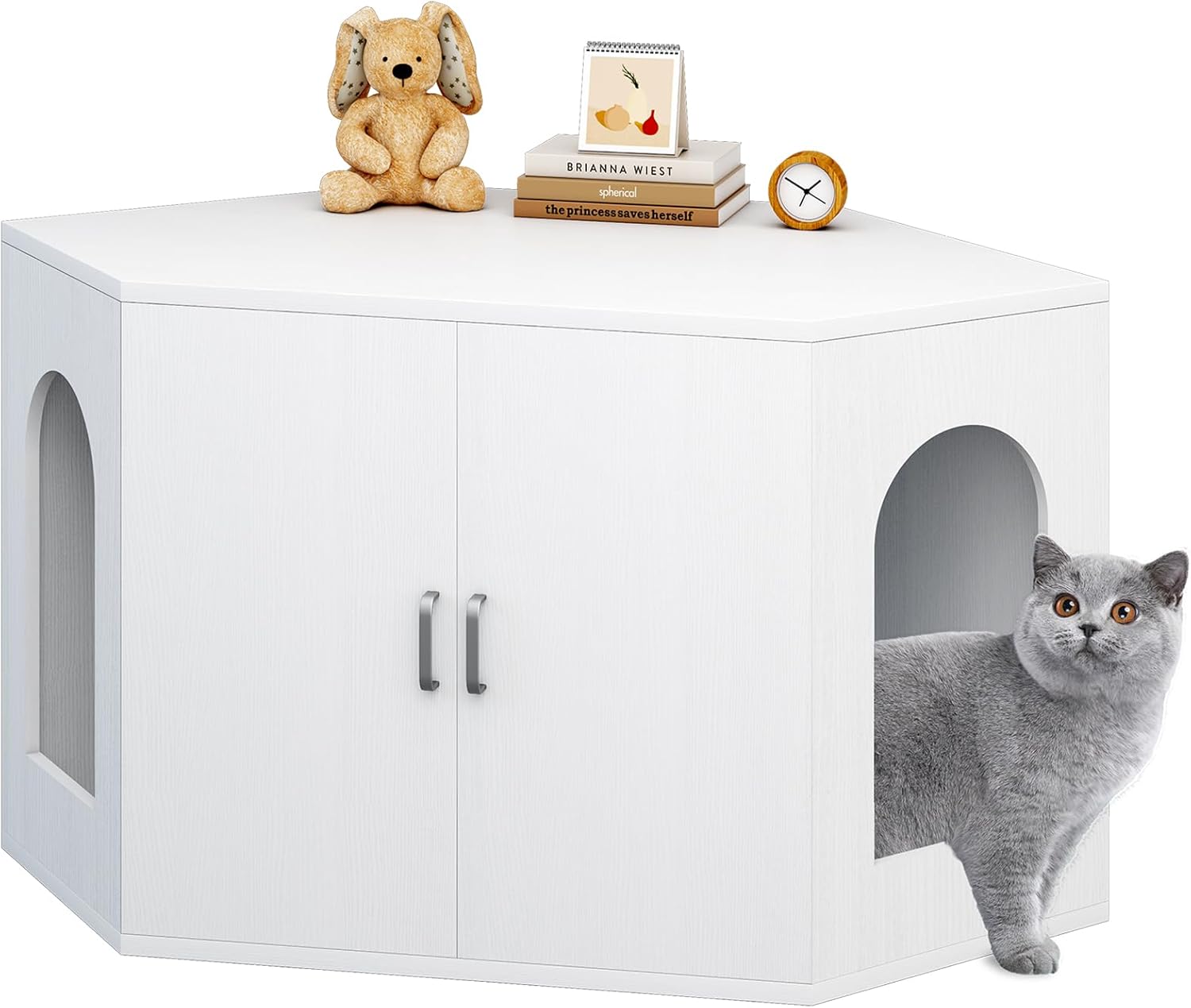 Dosker Corner Cat Litter Box Enclosure Furniture, Hidden Cat Washroom Furniture, Cat Washroom, Cabinet for Large Cat,Cat House with Open Shelf, Living Room, Bedroom, 2 Tier, White 2-Tier