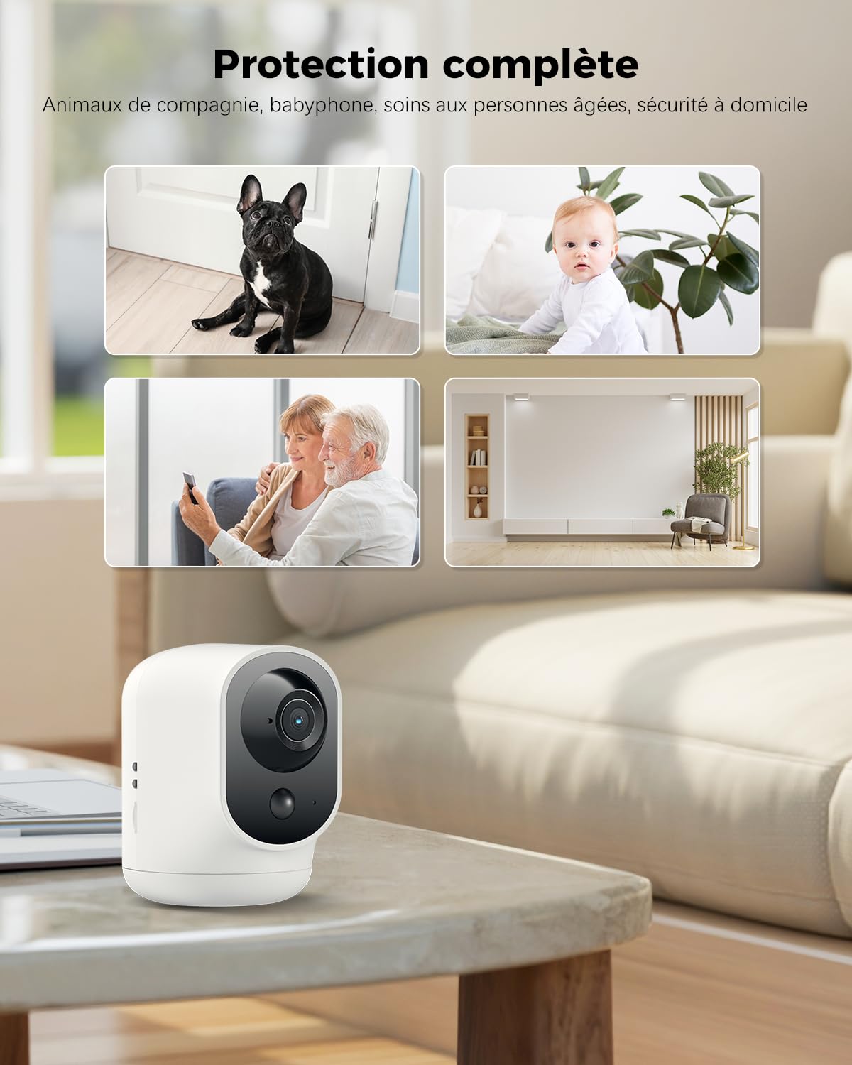COCOCAM 2K Camera Surveillance WiFi Interieur sans Fil Pan/Tilt à Batterie 5200mAh, pour de Bébé/Animaux/Sécurité Domestique, Reconnaissance IA, Détection Humaine PIR, Wi-FI 2,4G (1, Blanc)