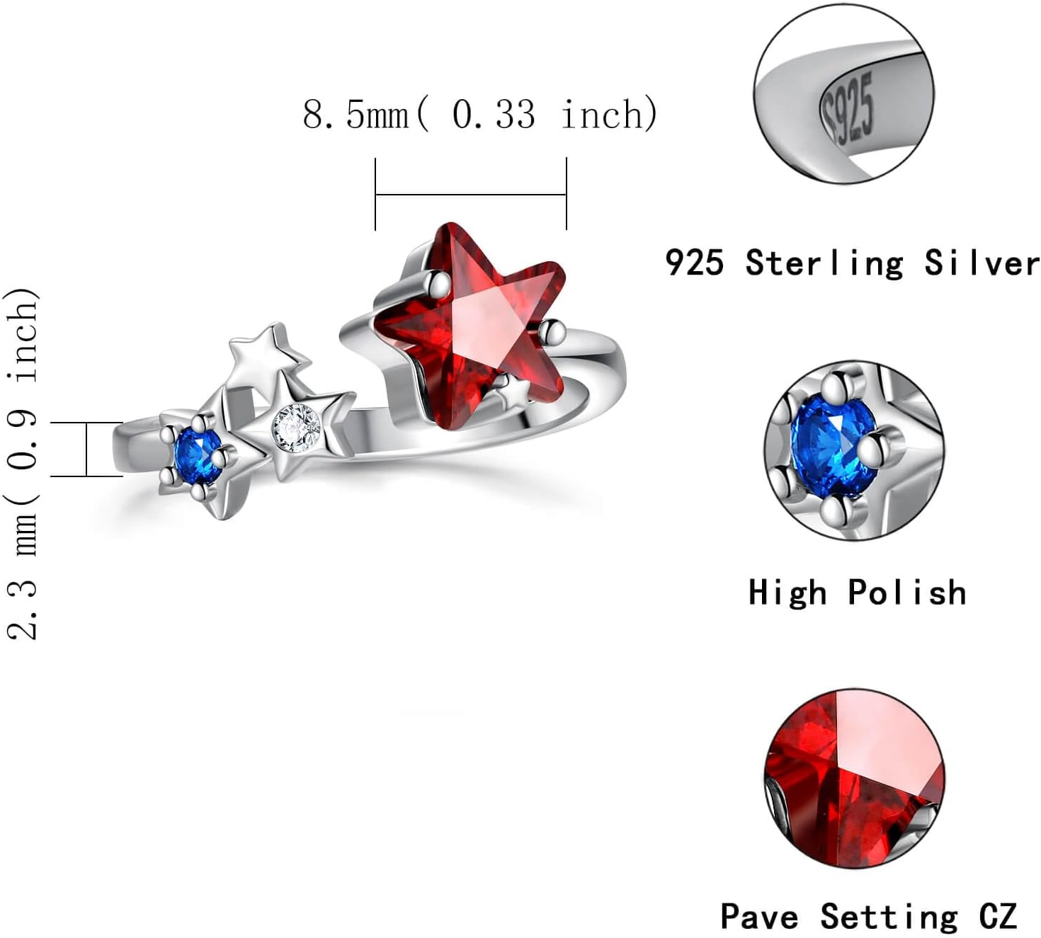 Sariel American Flag Ring 925 Sterling Silver July 4th Red White and Blue Jewelry Independence Day Gifts for Women