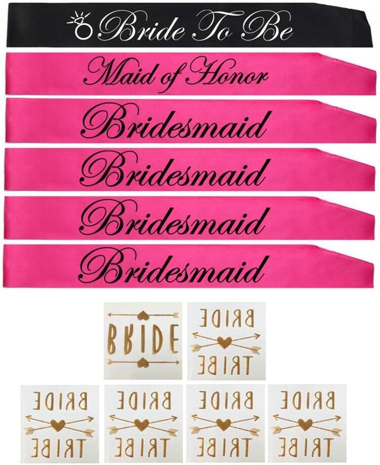 BACHELORETTE PARTY SASH SET(PINK):Bride to be sash,Maid of honor sash,3 Bridesmaid sash/ Team Bride free Bride/Bride tribe tattoos, for Bridal shower ,Engagement party favors &supplies