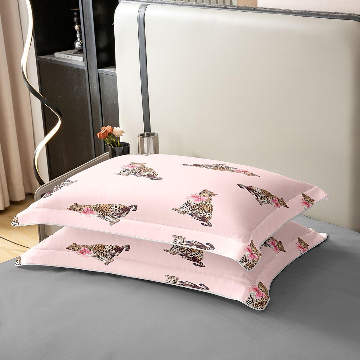 Homewish Modny Leopard Podwójny Zestaw Pościeli Różowe Kokardki Bawełniana Poszwa Na Kołdrę Afrykański Dziki Gepard Poszewka Na Kołdrę Preppy Y2K Estetyczne Zestawy Łóżek