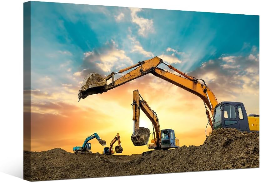 Arte de pared de excavadora naranja pesado para sala de estar, maquinaria de excavadora en obra de construcción, decoración de pared para sala de