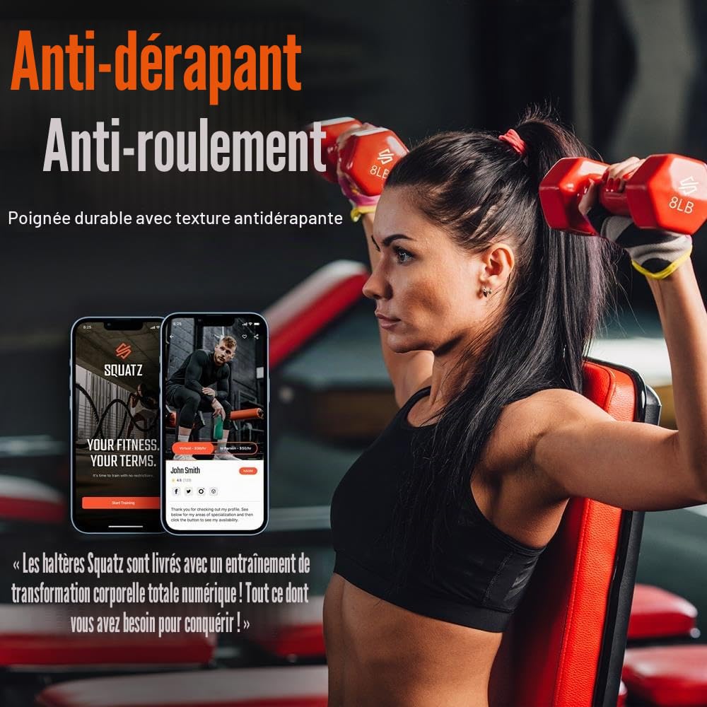 SQUATZ Haltères 14,5 kg avec Support en Néoprène Hexagonal – Antidérapant Musculation Fitness Maison Entraînement Complet