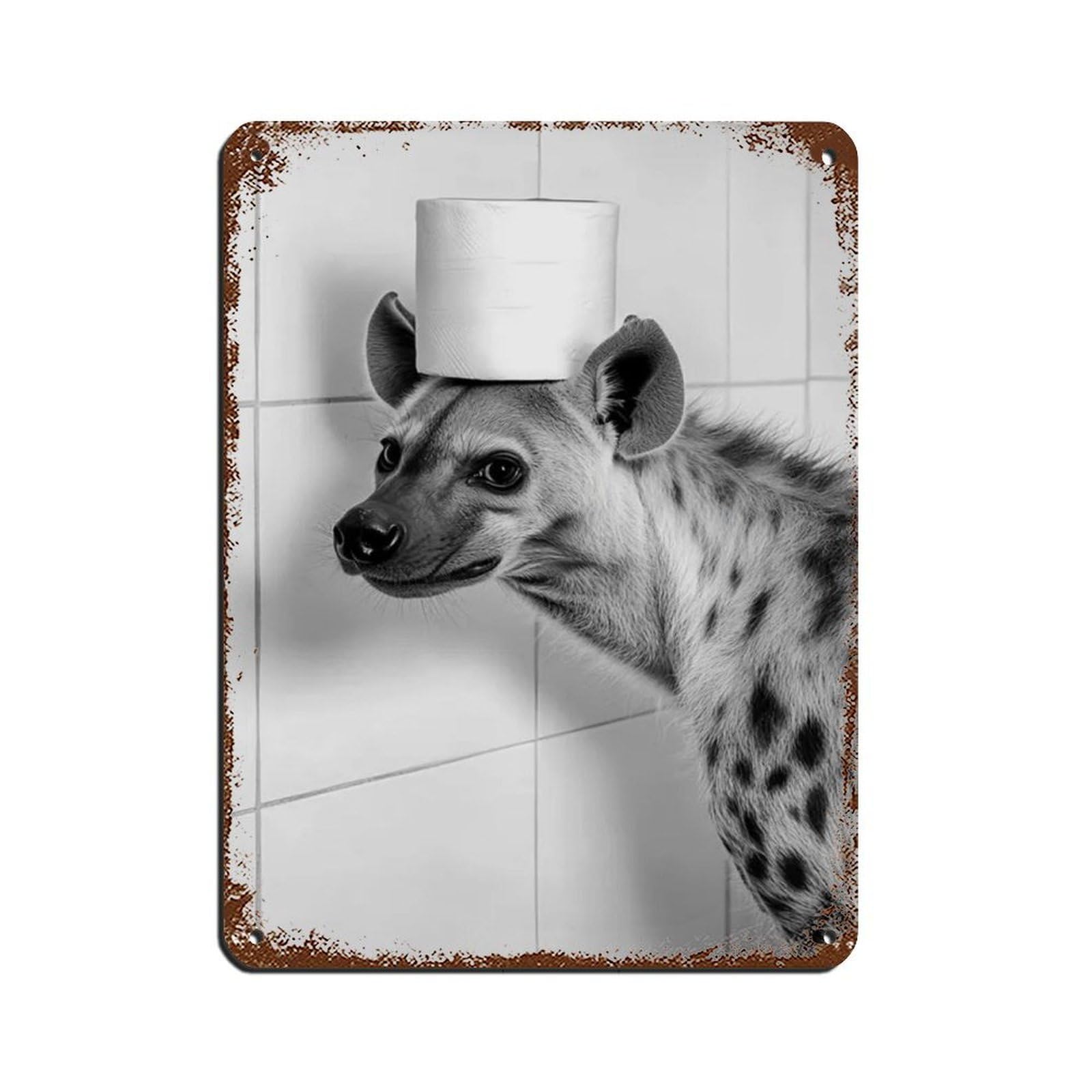 Hyena with A Toilet Paper Roll on Head Tin Sign Vintage Metal Pub Club Cafe Bar Home Wall Art Decoration Poster Retro 12x16inch(30x40cm)