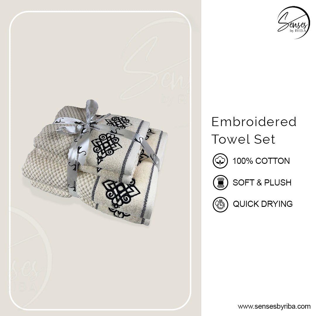 SENSES By Riba Cotton Embroidered Towel Set, 550 GSM Soft & Absorbent, Antimicrobial, Oeko-Tex Certified | Ideal for Home & Gifting, Pack of 4 (2 Bath 27"X50" + 2 Hand Towels 16"X26") - Style 3 1