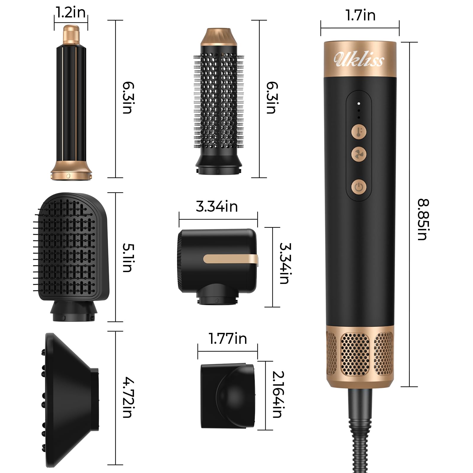 UKLISS Airstyler Multistyler 7 in 1, 1400 W, spazzola ad aria calda, asciugacapelli con 3 temperature, ferro arricciacapelli da 30 mm con aria, asciugacapelli con diffusore, spazzole per lo styling