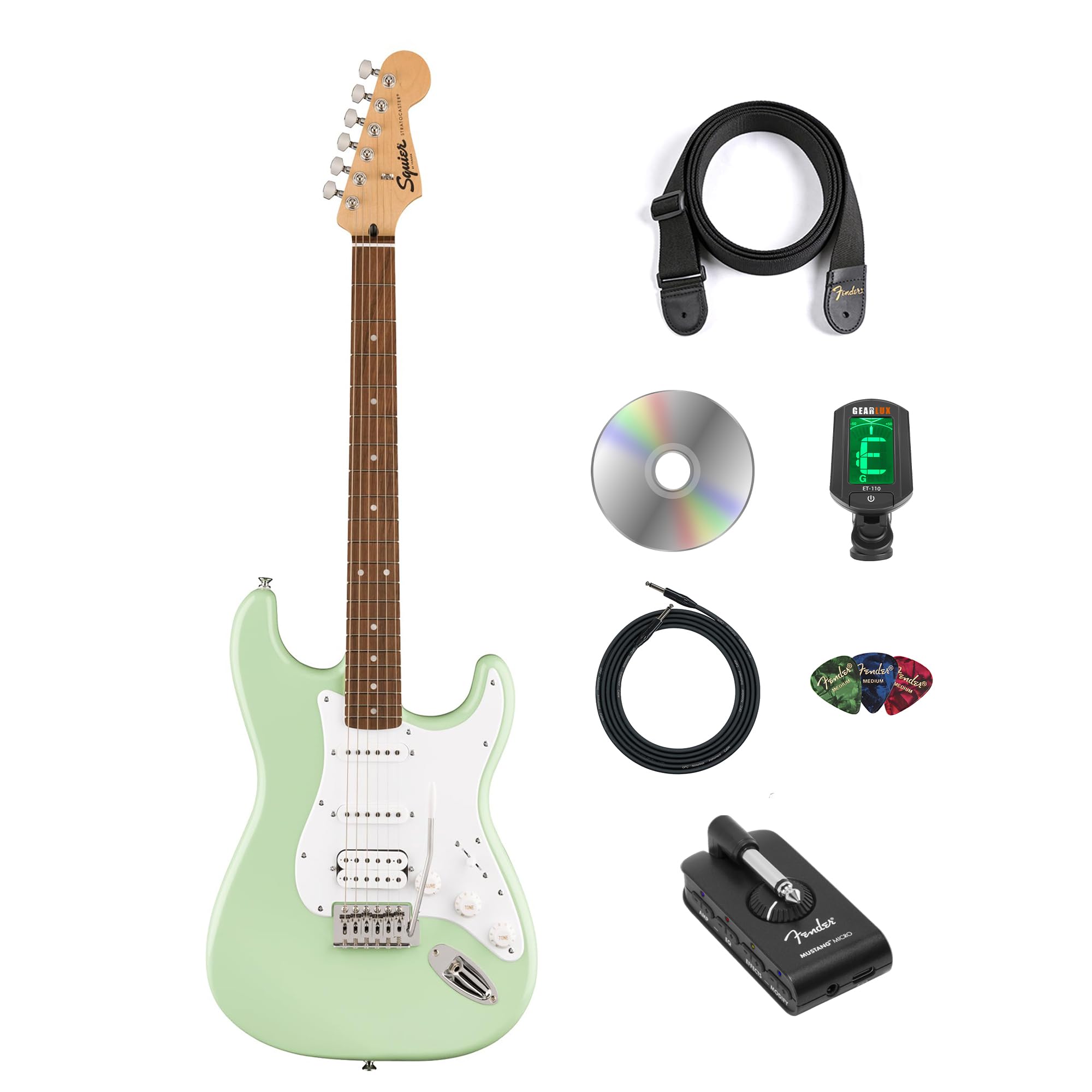 Fender Squier Sonic Stratocaster HSS - Surf Green Bundle with Mustang Micro Headphone Amplifier, Instrument Cable, Tuner, Strap, Picks, and Austin Bazaar Instructional DVD