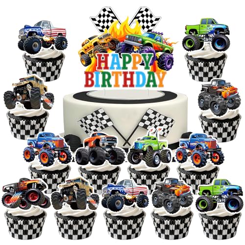 Lot de 25 décorations de gâteau d'anniversaire en forme de tracteur,pour cupcakes et gâteaux Motif tracteurs de ferme