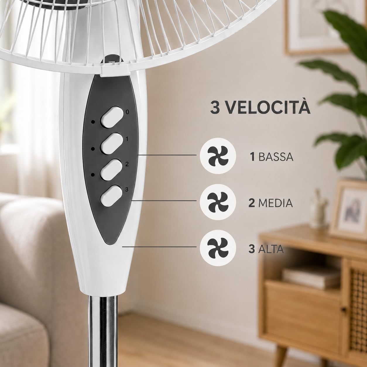 Ventilatore a Piantana Ø 40 cm BIANCO - FACILE MONTAGGIO - 50 W - 3 Velocità - STABILE e SILENZIOSO - Oscillazione Orizzontale - Altezza Regolabile 103-130 cm - Testa Inclinabile - Base a Croce