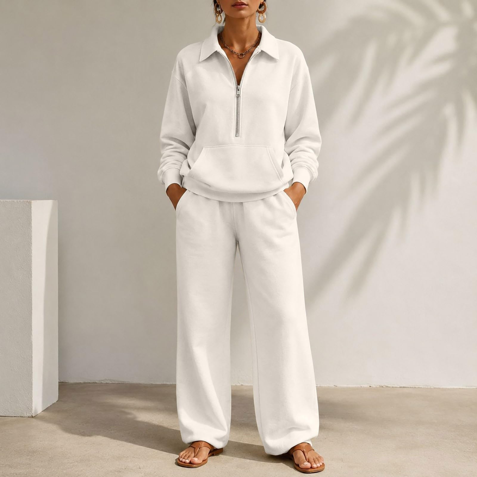 Tuta da donna, set completo con felpa a mezza zip, pantaloni da jogging a gamba larga, 2 pezzi, in pile sottile, caldo, con colletto con risvolto, set casual allentato per palestra, allenamento