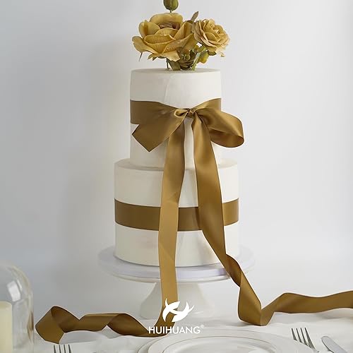 Miniatura 7 de HUIHUANG Cinta marrón dorada de 1-12 pulgadas x 50 yardas, cinta de satén de doble cara de lujo para envolver regalos, manualidades, lazos,