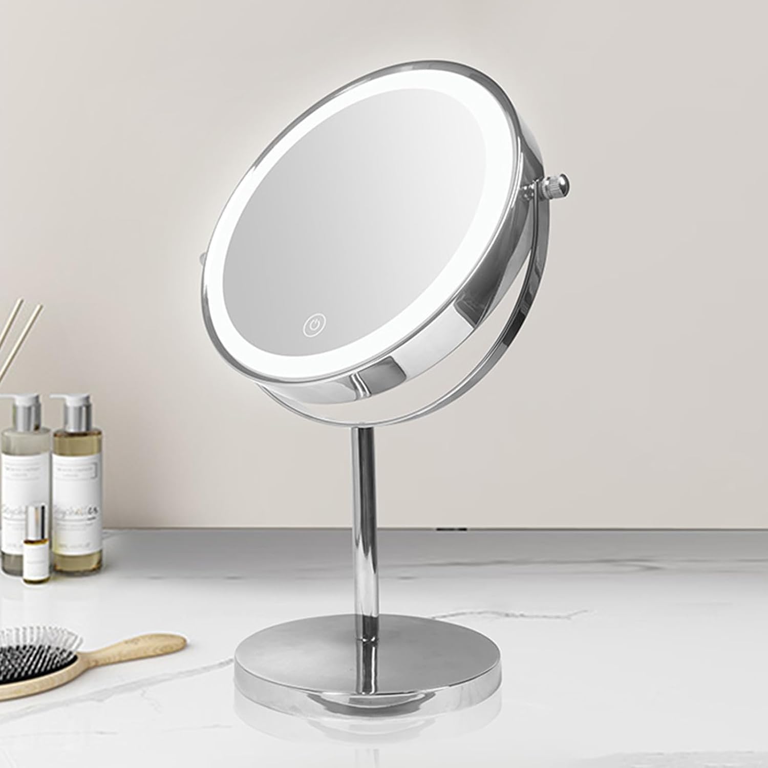 Ściemnialne Lustro Powiększające Z Ekranem Dotykowym W 3 Kolorach, Akumulatorowe Podświetlane Dwustronne Lustro Do Golenia Stojak Na Lusterko Led Vanity, Chrome, 10X
