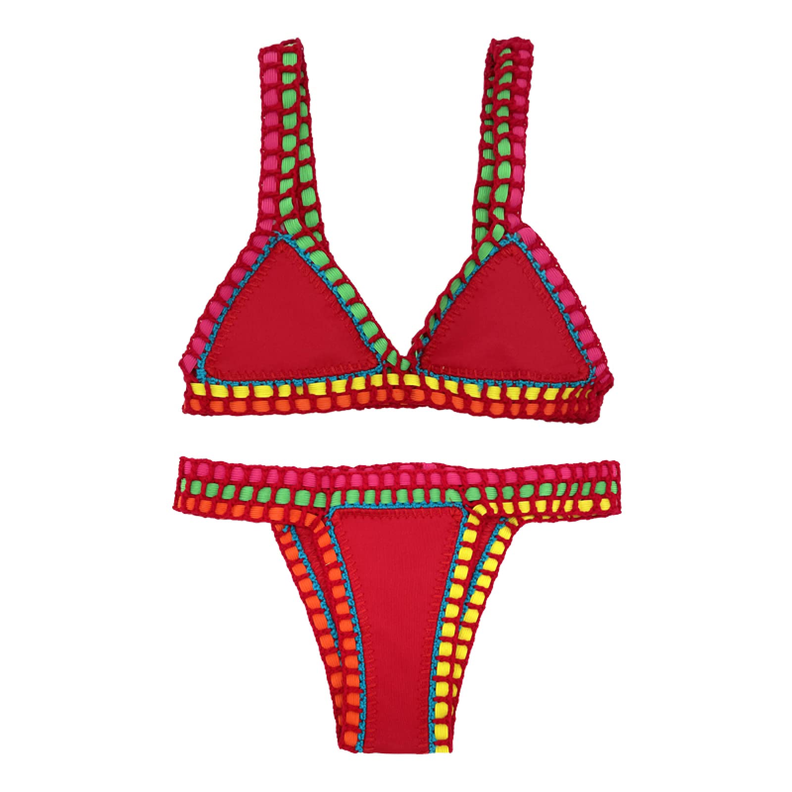 Summer Fashion Plus Size Swimsuit Sexy Handmade Crochet Bikini Set Red Split Stroje Kąpielowe Backless Bielizna Odzież