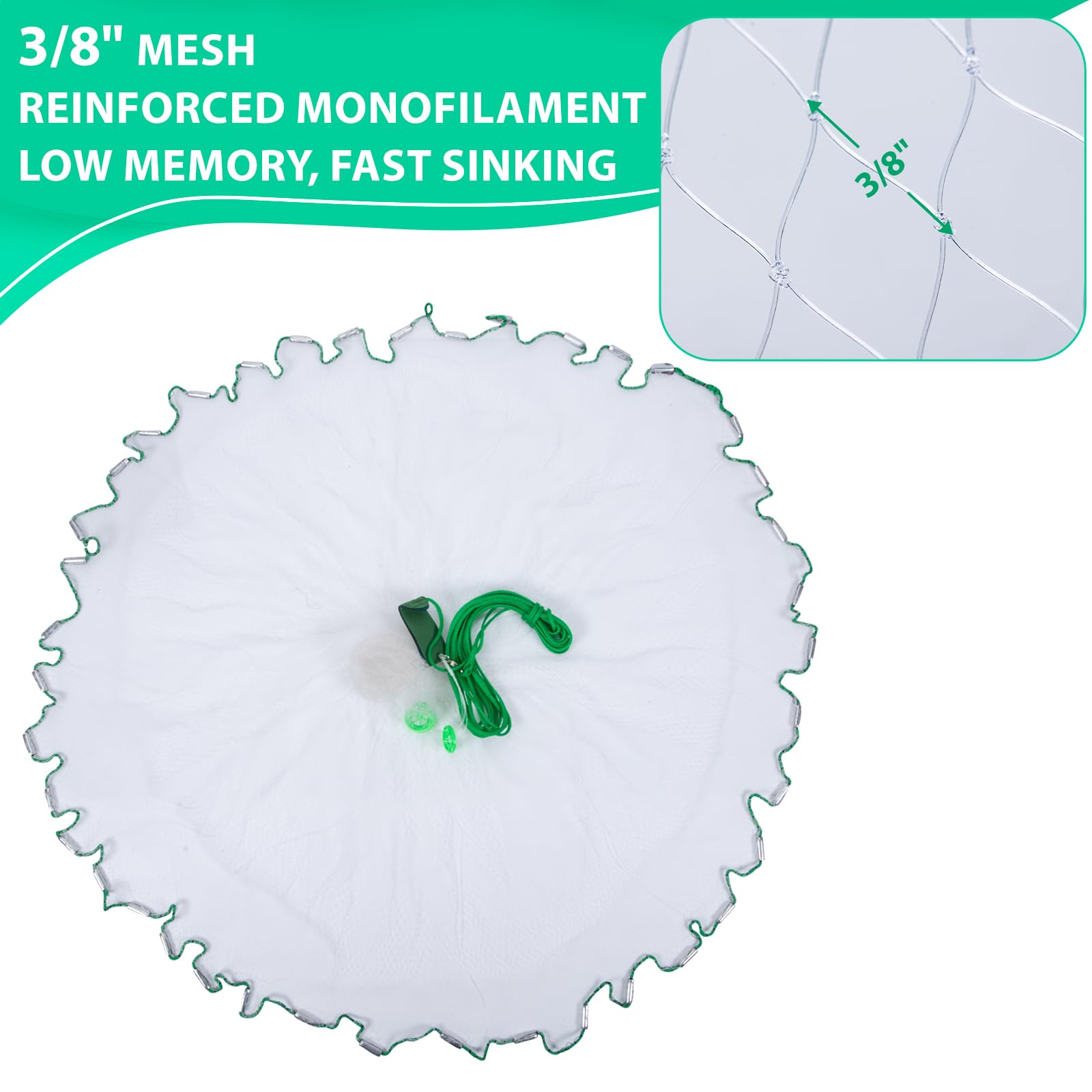 Goture American Fishing Cast Net Saltwater Freshwater, 3/8inch Mesh Size Casting Net for Bait Fish Shrimp Trap,Strong Zinc Sinker, 4ft Radius Throw Cast Net with Needle