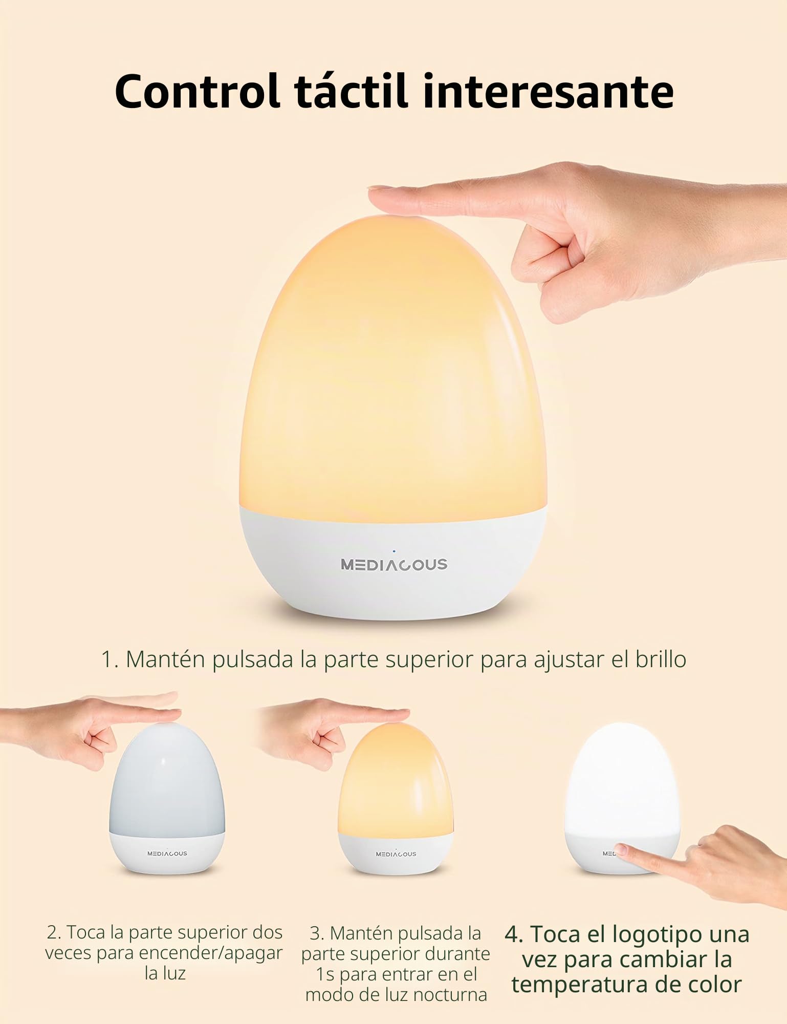 MediAcous Luz Nocturna Infantil Luz Quitamiedos Lámpara LED para Niños Recargable con Función Control Temporizador Luz Cálida con Base de Recarga, Regalo para Niños