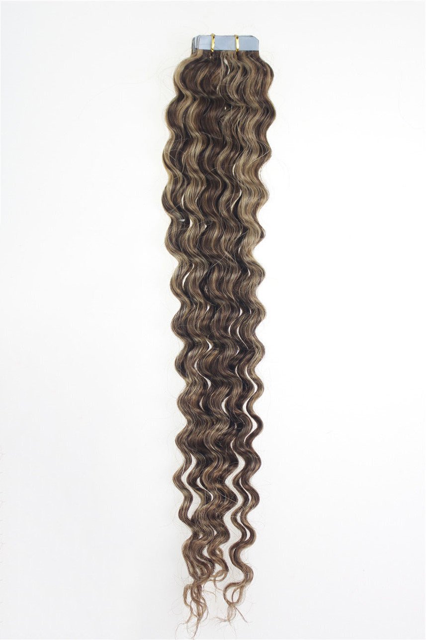 Yotty 18Inch 45cm Tape-in Curly Hair Extensions Seamless Tape Weft Remy Human Hair (18inch40pcs80gram, 4/27 Medium Brown mix with Dark Blonde)