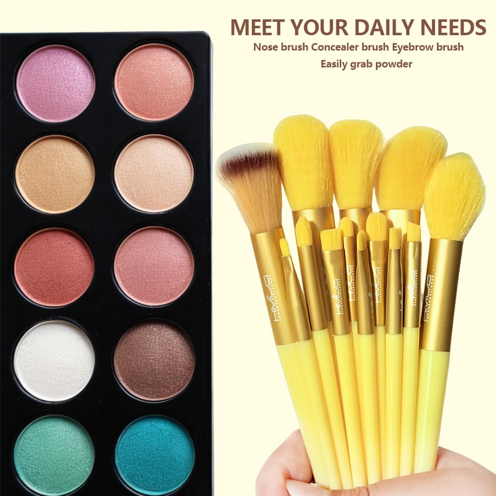 DJMH - Set di 13 pennelli da trucco con custodia, pennelli da trucco professionali con custodia in pelle (giallo)