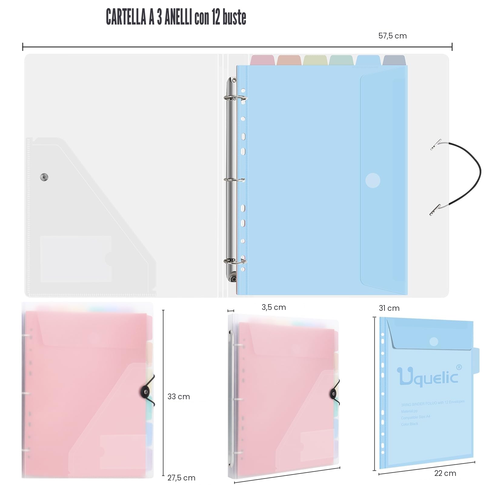 Uquelic Cartellina Portadocumenti A4 con 12 Buste Trasparenti, Faldoni Portadocumenti, Raccoglitore Documenti (Macarons Transparentes)