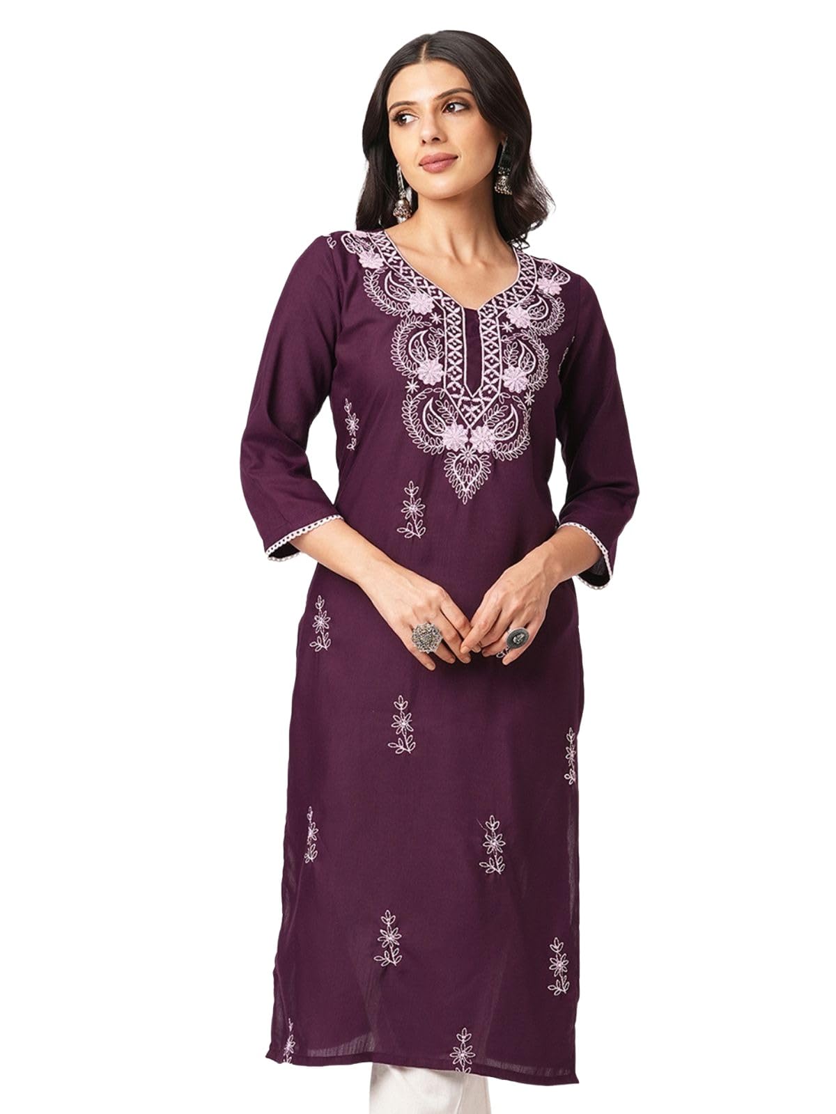 Sanisa Women's Cotton Blend Chikankari Embroidery Straight Kurti (476K10046N-Xl_Wine)