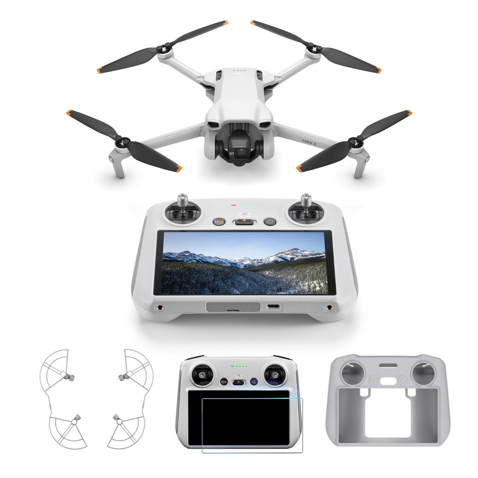 DJI Mini 3 (con DJI RC) Bundle– Mini Drone con Fotocamera Leggero e Pieghevole con Video in 4K HDR, Autonomia di 38 Minuti, C0 (Protezioni Eliche+Custodia+Protettiva per Schermo)