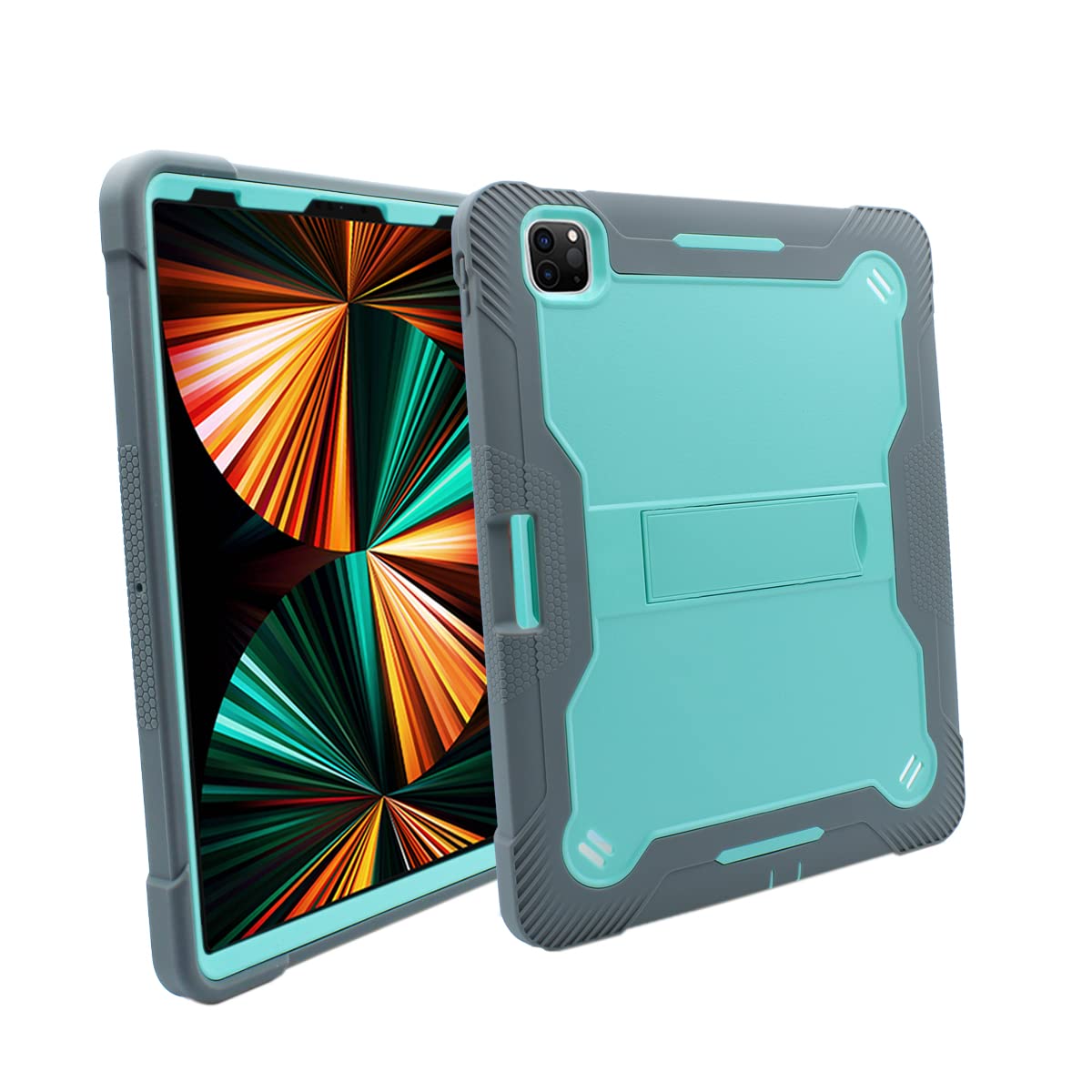 KIQ iPad Pro 12.9 Case 5th Gen 2021, Shockproof Rugged Heavy Duty Protection Cover Kickstand Case for Apple iPad 12.9 Inch (Guardian Teal/Grey)