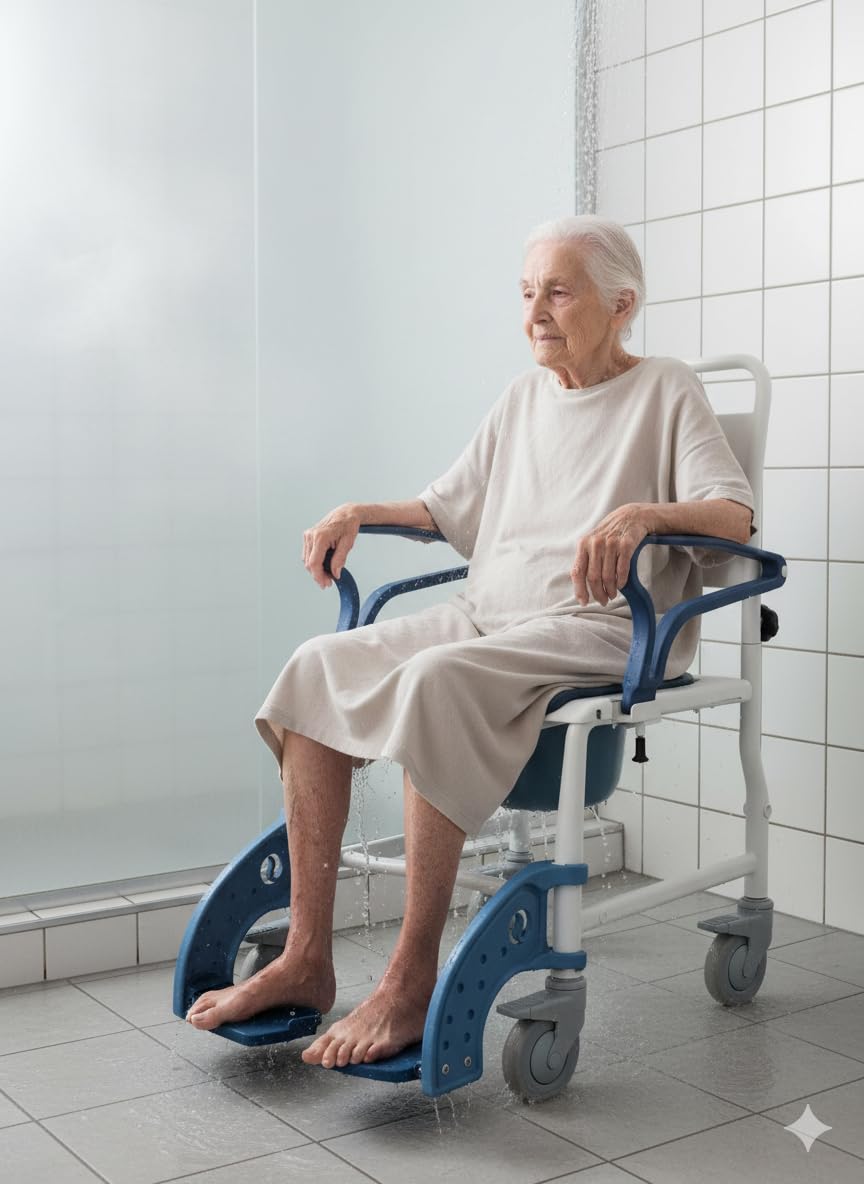 Silla de Ducha con Ruedas 3 en 1, Silla de Inodoro y Transporte para Personas Mayores, con Cubeta Extraíble, Reposapiés y Reposabrazos Abatibles, Asiento Ergonómico