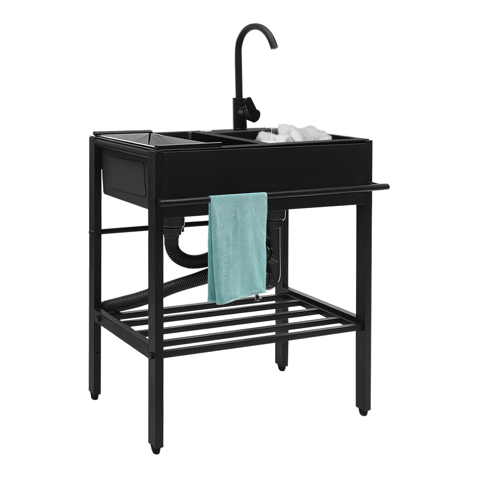 Lavello autoportante in acciaio inox, 2 vasche, 72 x 40 x 86 cm, nero