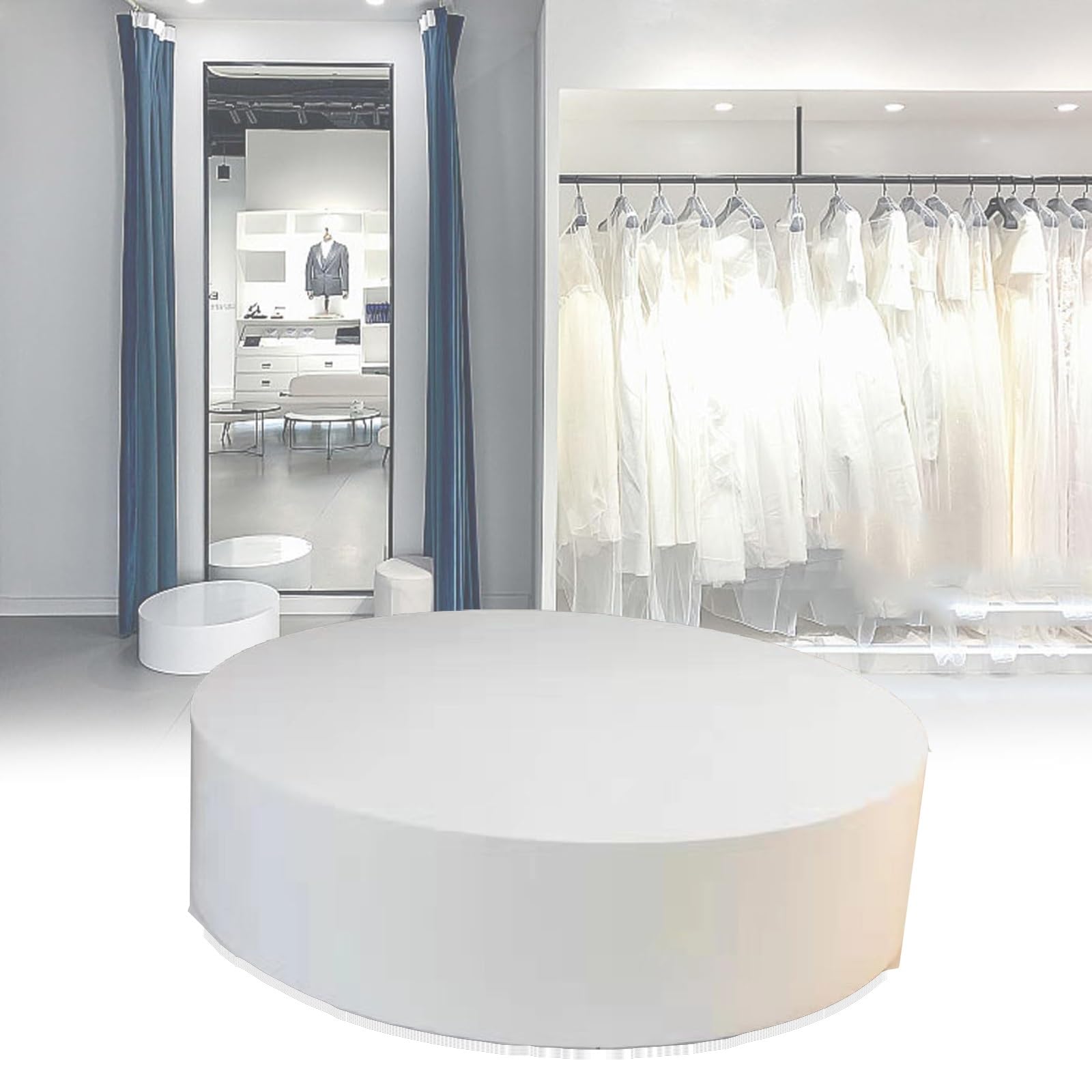 Socle cylindrique pour robes de mariée et mise en scène élégante de vestiaire de boutique