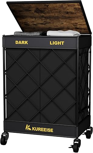KUREEISE Cesta para ropa sucia con ruedas, cesta de lavandería de 23.8 galones (90 L) con 2 bolsas de forro extraíbles, cesta de ropa de 2 secciones