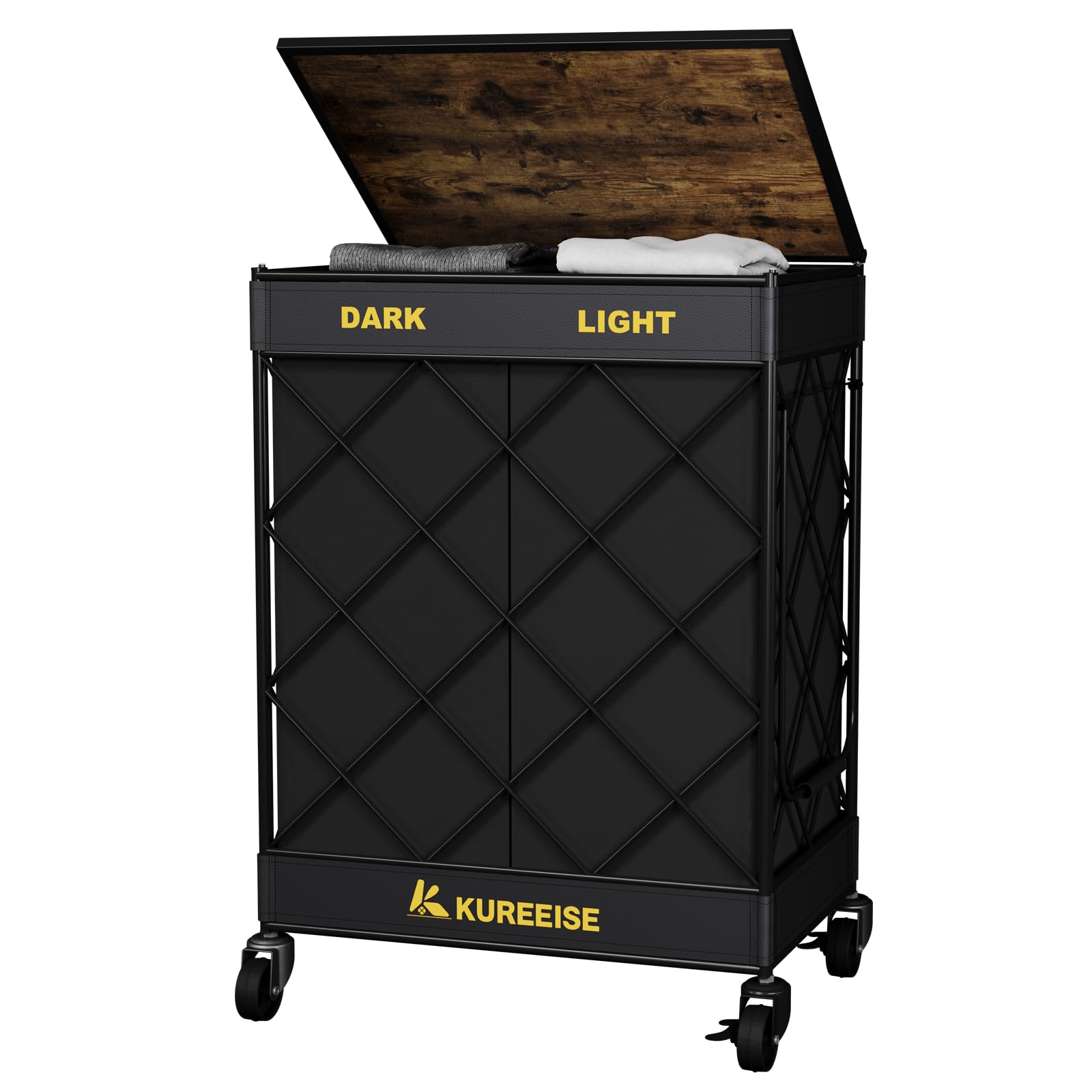 KUREEISE Laundry Hamper with Wheels, 23.8 Gal (90L) Laundry Basket with 2 Removable Liner Bags, 2 Sections Clothes Hamper with Lid and Handle, Collapsible Metal Wire Laundry Sorter for Bedroom(Black)