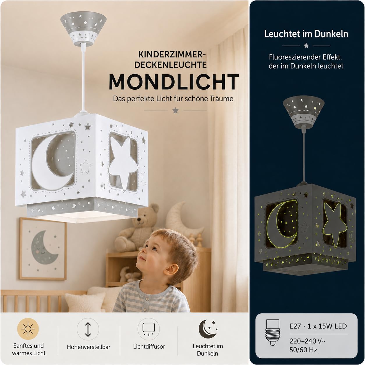 Dalber Kinder Pendelleuchte Moonlight Mond Sterne Grau 63232ME | Hängelampe; Deckenleuchte; Kinderzimmer; E27 - 1 x 15W