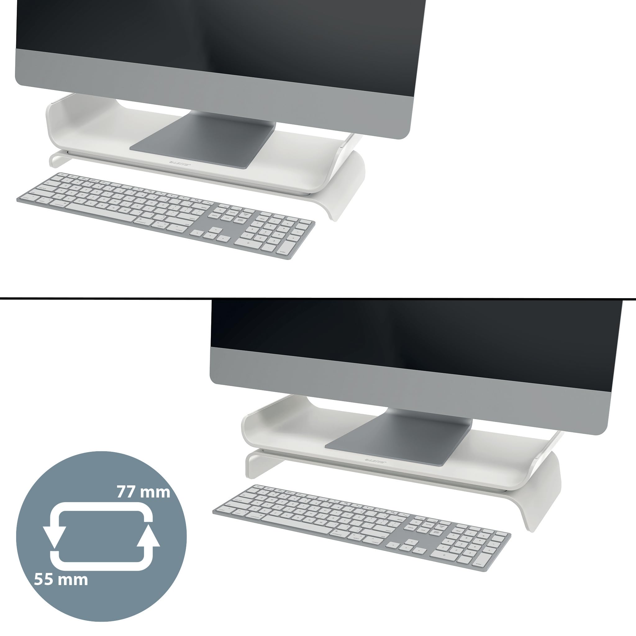 LEITZ Ergo - Support pour Écran de PC Ajustable, 2 Hauteurs au Choix, Rehausseur d'Écran de PC pour Bureau, Gamme Ergo, Coloris Gris Clair / Blanc, 65040085