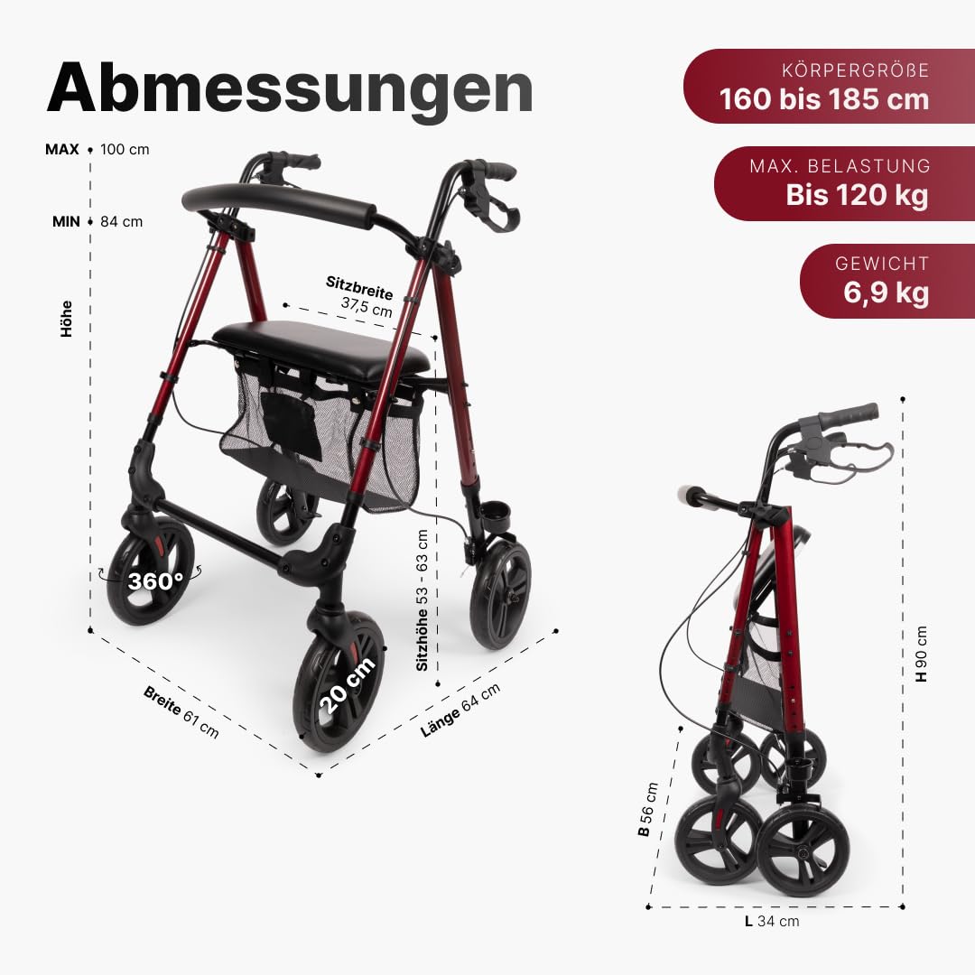 Nova Rollator – Leichter und stabiler Rollator für Senioren, faltbar und höhenverstellbar, mit Sitz, Rückenlehne, Tasche, Stockhalter, pannensicheren Rädern – nur 6,9kg – Gehhilfe - Rot