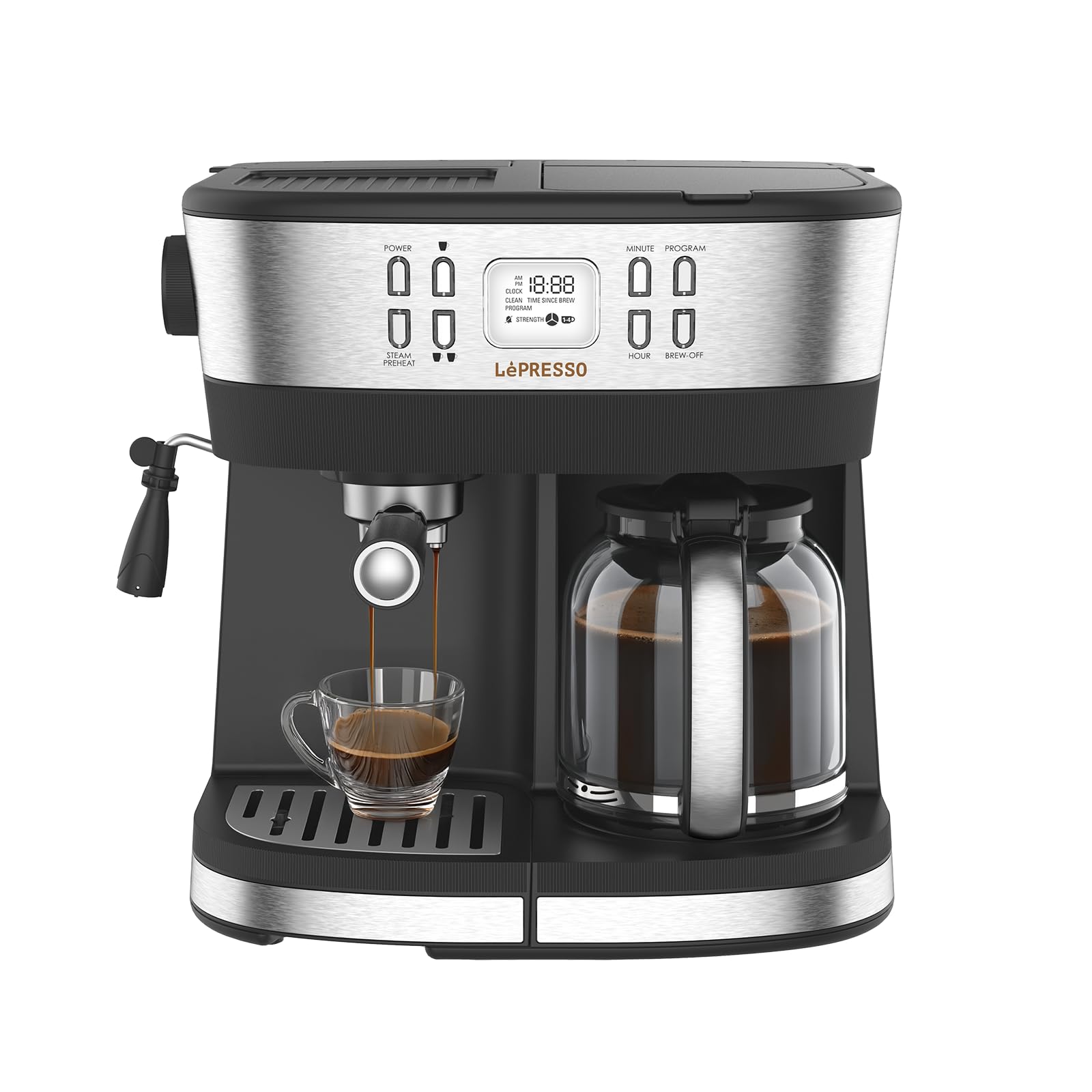 LePresso 2in1 Espresso Coffee Machine 20 Bar Pressure 10 Coffee Carafe, Adjustable Coffee Intensity, Keep Warm Programmable,Washable Nylon,Filter Milk Steamer,Coffee Maker,Drip Coffee & Espresso-Black