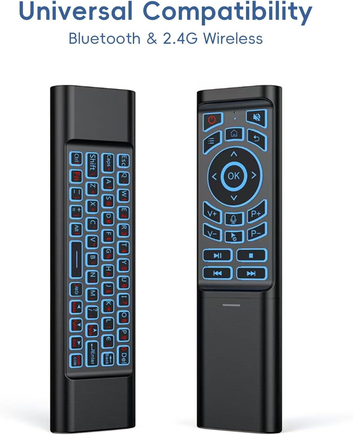 iPazzPort 7200 Mini Air Mouse Remote showing front remote control side and back QWERTY keyboard side.