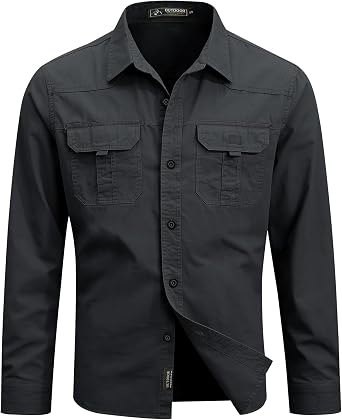 Kissonic Mens Long Sleeve Work Shirts Button Down Cotton Canvas Cargo Shirt for Men Western Cowboy Shirt for Safari Fishing