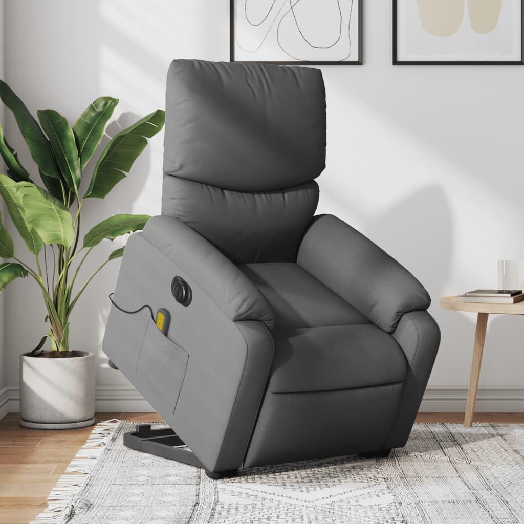 Sillón elevador eléctrico con masaje reclinable gris oscuro de tela con 6 puntos de vibración y función de elevación para ancianos, cómoda y estable