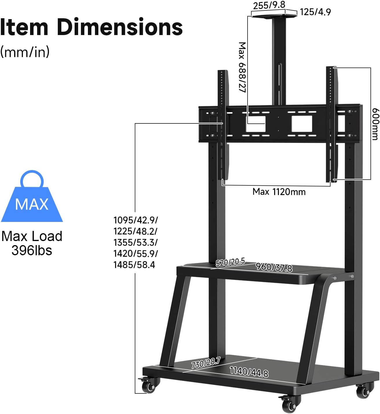 Suptek Mobile TV Cart Floor Stand for 60-120 inch TVs and LED LCD Screens Max 1100x600 VESA Large Base Height Adjustable (ML2100)