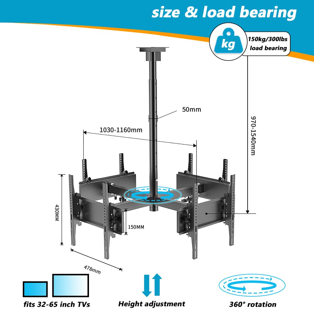 Four Sided Ceiling TV Mount Bracket, 32-50 Inch Full Motion - 4 Movement Flat/Curved Screen Bracket, Telescopic Height Adjustment